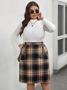 SHEIN LUNE 2024 秋冬感恩节女士新年大码格子印花A字裙 - 彩色 - 查看 4