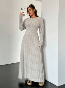 SHEIN EZwear 大码女式圆领长袖罗纹休闲长款毛衣连衣裙，冬季保暖 - 灰色 - 查看 4