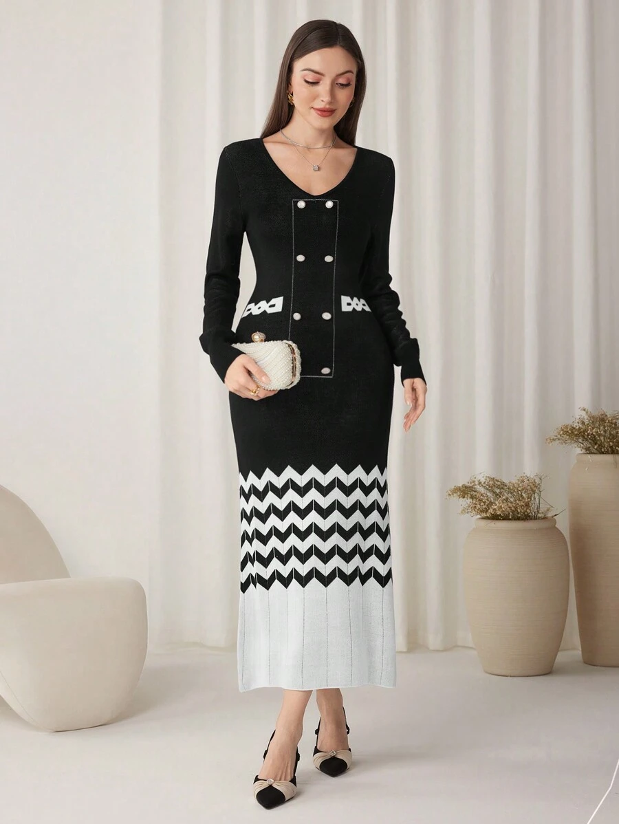 Modelyn Damen Farbblock Geometrisches Muster V-Ausschnitt Figurbetontes Pulloverkleid