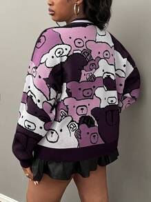 Slaydiva Plus Size Simple Casual Basic Cute Crew Neck Dropped Shoulder Long Sleeve Loose Brown Bear Pattern Sweater Top - Violet Purple - View 2