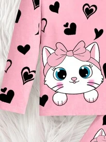 SHEIN 2pcs/Set Cute Cat Graphic Girl's Casual Loose Pants & Sweater Home Outfit, Comfortable And Elegant - Pink - View 3