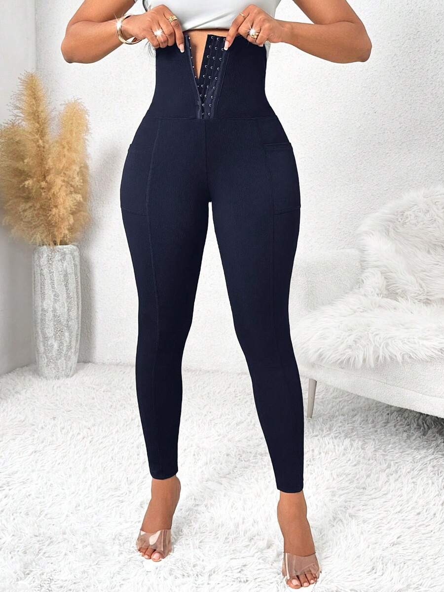 SHEIN Lady 秋冬休闲优雅运动黑色针织前扣女士紧身裤