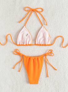 SHEIN Swim Summer Beach Solid Halter Micro Triangle Bra & Thong Bottom 2 Piece Bathing Suit - Orange - View 2