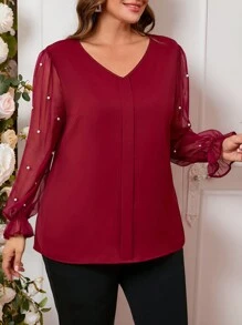 EMERY ROSE Blusa elegante de Navidad para mujer de talla grande con cuello en V, detalles de malla y decoración de perlas falsas, ropa de invierno para mujer