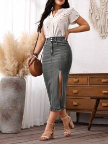 SHEIN LUNE Women's Casual Denim Skirt, Minimalist And Fashionable For Everyday Wear - Grey - View 4