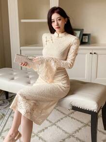 DAZY 女士拼接蕾丝连衣裙，生日舞会礼服，秋季优雅女装 - 米色 - 查看 6