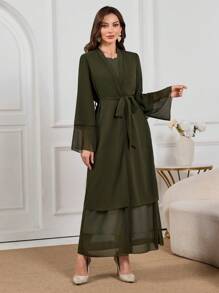 Al Najma Áo choàng dài Maxi tay loe màu trơn thanh lịch kiểu Ả Rập cho nữ - màu xanh lá - Xem 1