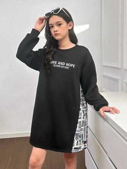 SHEIN Lockeres, lässiges, minimalistisches, gemütliches Pulloverkleid mit Rundhalsausschnitt und Patchwork für Tween-Mädchen