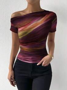 Chiquease 1pc Women's Fashion Tie-Dye Print Asymmetrical Ruched Detail T-Shirt Top Graphic Tees Women Tops