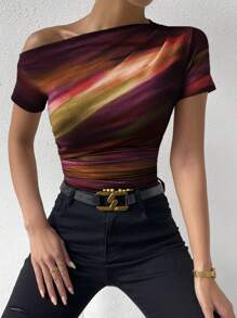 Chiquease 1pc Women's Fashion Tie-Dye Print Asymmetrical Ruched Detail T-Shirt Top Graphic Tees Women Tops