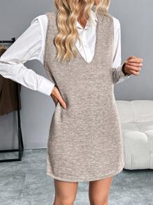SHEIN LUNE Vestido de suéter de punto con escote en V, multicapa, para otoño/invierno - Caqui - Ver 5