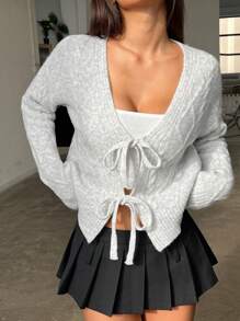 SHEIN Unity Women Solid Color Long Sleeve Front Tie Stylish Cardigan Sweater, Autumn/Winter - Grey - View 1
