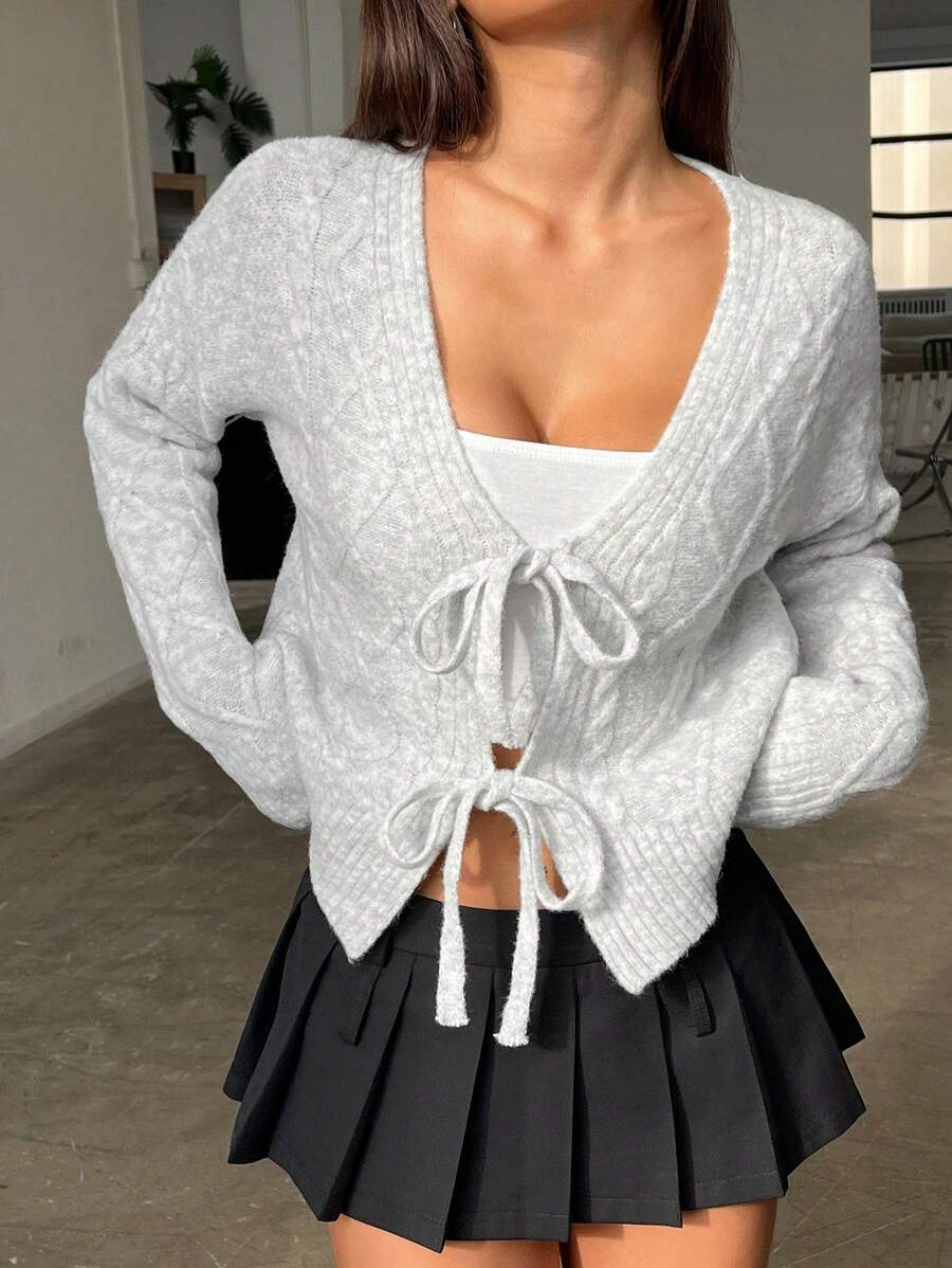 SHEIN Unity Women Solid Color Long Sleeve Front Tie Stylish Cardigan Sweater, Autumn/Winter - Grey - View 1