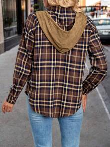 SHEIN LUNE Women's Retro Plaid Patchwork Suede Loose Hoodie Shirt, Casual Design With Long Sleeve For Spring Autumn