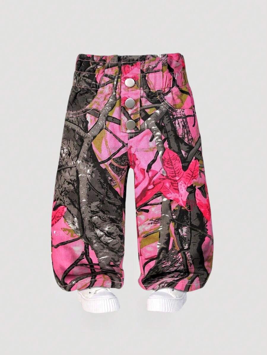 SHEIN Baby Girl Casual All-Match Pink Floral Print Streetwear Style Ruffled Waist Elastic Waistband Comfortable Washed Denim Jeans, Must-Have New Arrival 2024 - Multicolor - View 1