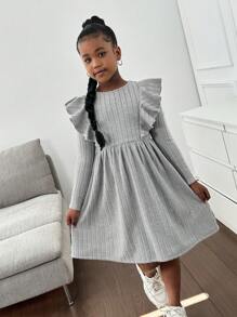 SHEIN Tween Girls' Loose Casual Minimalist Comfortable Round Neck Cap Sleeve Long Sleeve Dress - Grey - View 8