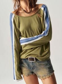 Bohemela Women's Casual Color Block Raglan Sleeve Scoop Neck Loose Fitted T-Shirt - Olive Green - View 5