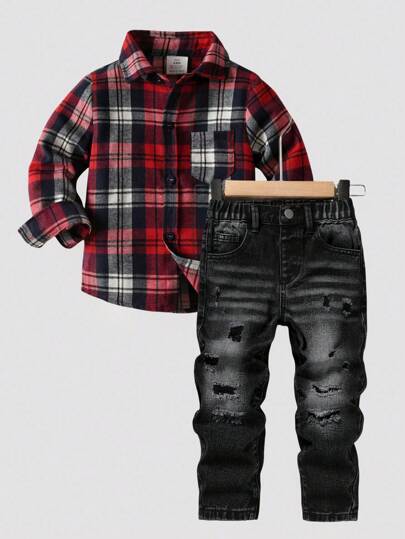 SHEIN Playful Pals Young Boys Casual Fashionable Distressed Ripped Comfortable Elastic Waist Fitted Dark Grey Jeans, Suitable For Daily Wear, 2024 New Arrival Chic Outfits For Autumn/Winter