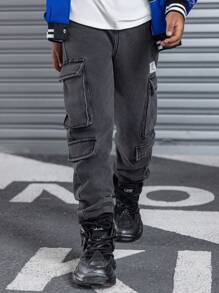 SHEIN Tween Boy Fashion Casual Patch Details Black Denim Lined For Added Warmth Comfortable Fit Thermal Lined Jeans Thanksgiving Costume Dailywear And Fall/Winter - Black - View 3