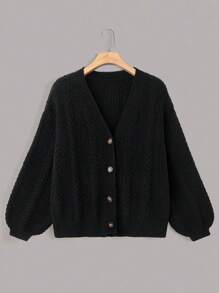 SHEIN LUNE Áo khoác len dệt kim cổ điển màu đen và trắng rộng rãi mới, áo len cardigan thời trang cỡ lớn cho nữ, mùa thu/đông - màu đen - Xem 1