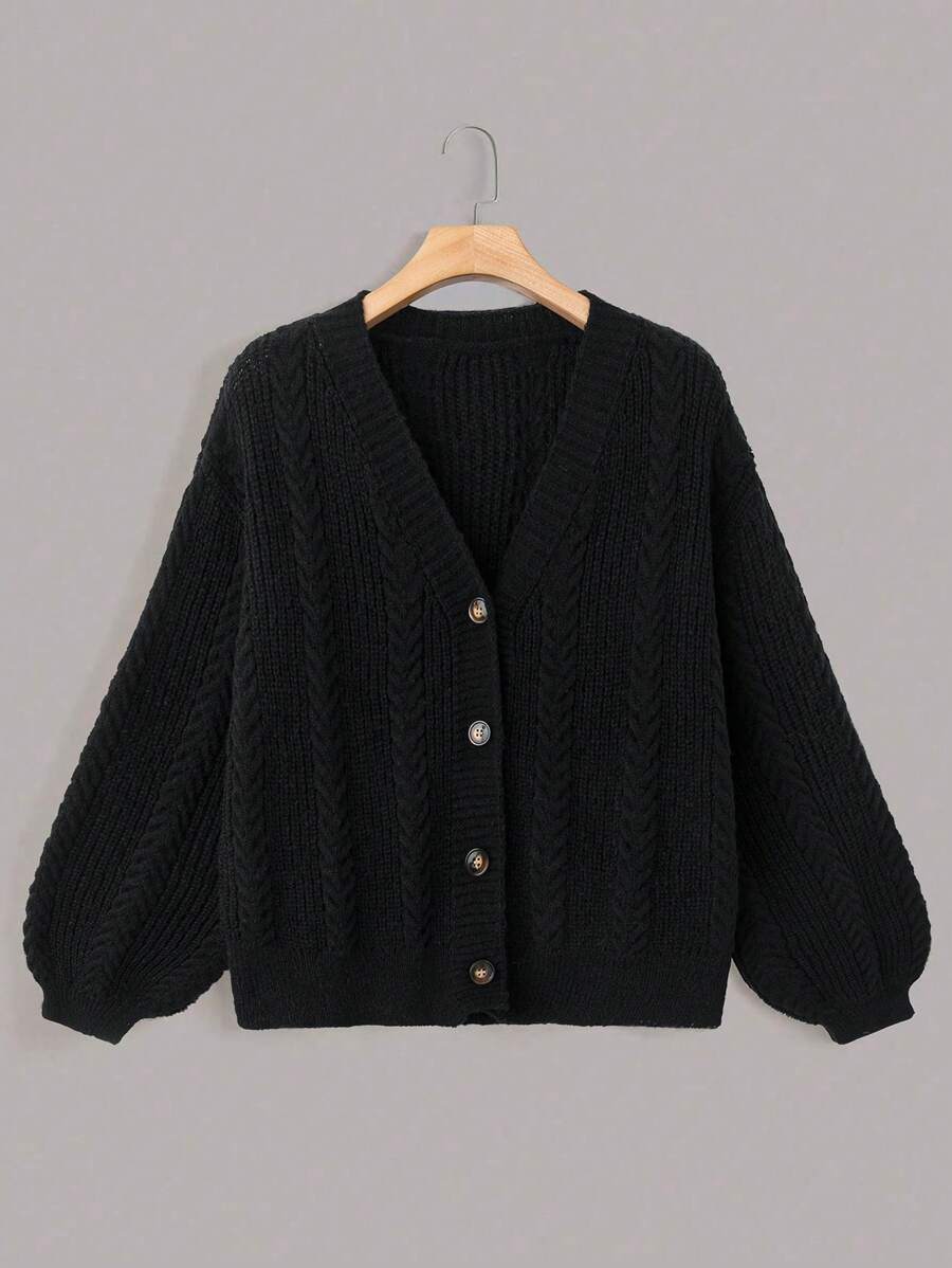 SHEIN LUNE Áo khoác len dệt kim cổ điển màu đen và trắng rộng rãi mới, áo len cardigan thời trang cỡ lớn cho nữ, mùa thu/đông - màu đen - Xem 1