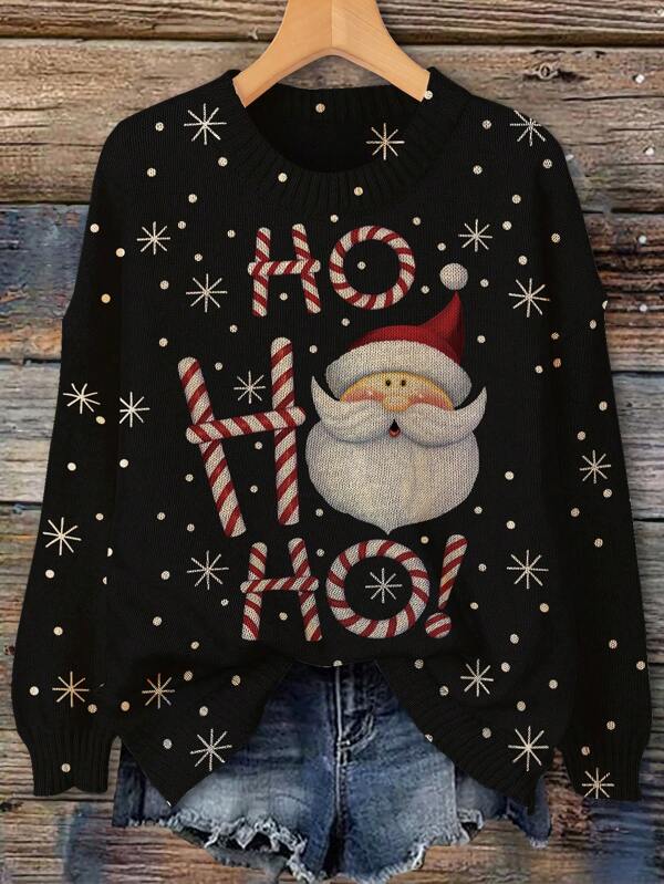 Plus Size Women Christmas Round Neck Long Sleeve Minimalist Sweater, Casual For Daily Wear