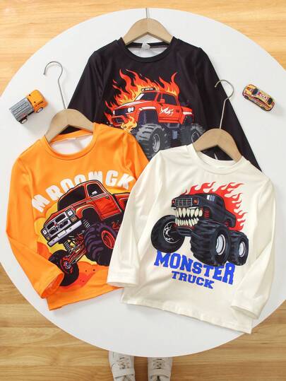 SHEIN 3 件套年轻男孩休闲日常卡车印花多色长袖 T 恤，适合春秋季节、街头服饰和校服