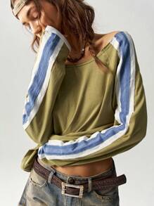 Bohemela Women's Casual Color Block Raglan Sleeve Scoop Neck Loose Fitted T-Shirt - Olive Green - View 2