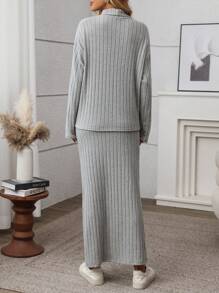 SHEIN LUNE Bộ 2 món/Bộ đồ nữ đi làm đơn giản màu trơn cổ lọ trễ vai tay dài áo phông và chân váy midi thường ngày, mùa thu - Xám - Xem 2