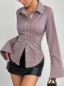 SHEIN Unity Áo sơ mi nữ dáng ôm kẻ sọc, thời trang mặc hàng ngày - Màu Đỏ Sâu - Xem 3