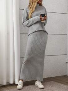 SHEIN LUNE Bộ 2 món/Bộ đồ nữ đi làm đơn giản màu trơn cổ lọ trễ vai tay dài áo phông và chân váy midi thường ngày, mùa thu - Xám - Xem 6