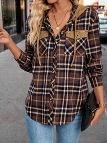 SHEIN LUNE Women's Retro Plaid Patchwork Suede Loose Hoodie Shirt, Casual Design With Long Sleeve For Spring Autumn