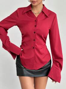 Flirla Women's Ruched Waist Fitted Casual Blouse, Minimalist & Fashionable Everyday Wear Women Shirt