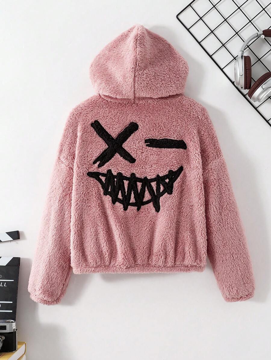 SHEIN Tween Girls' Loose Casual Minimalist Comfortable Hooded Front Open Fleece Jacket With Expression Graph Graphic - Pink - View 1