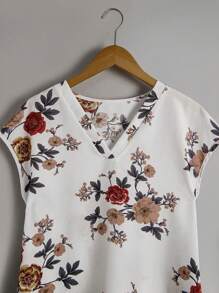 SHEIN LUNE Floral Print Batwing Sleeve Shirt,Short Sleeve Tops