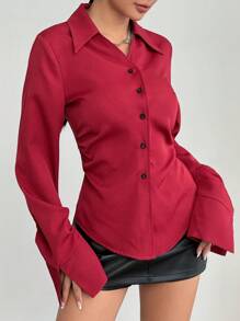 Flirla Women's Ruched Waist Fitted Casual Blouse, Minimalist & Fashionable Everyday Wear Women Shirt