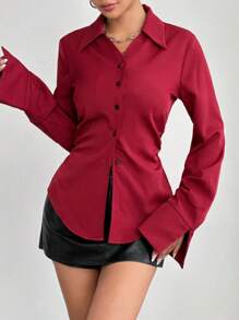 Flirla Women's Ruched Waist Fitted Casual Blouse, Minimalist & Fashionable Everyday Wear Women Shirt