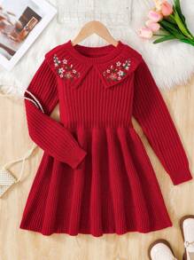 SHEIN Tween Girl Slim Fit Casual Minimalist Comfortable Knee-Length Embroidered Collared Long Sleeve Sweater Dress - Red - View 1