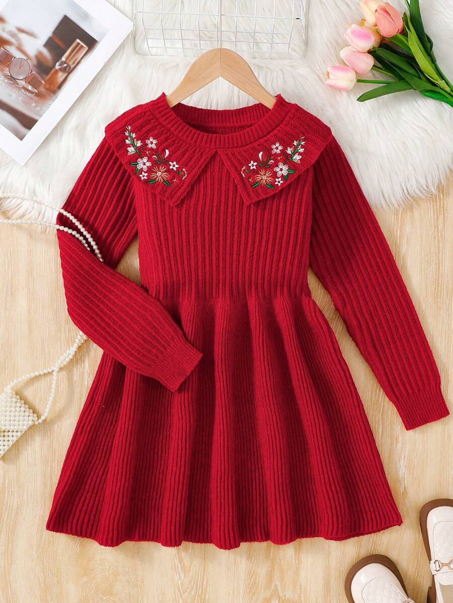 SHEIN Tween Girl Slim Fit Casual Minimalist Comfortable Knee-Length Embroidered Collared Long Sleeve Sweater Dress - Red - View 1