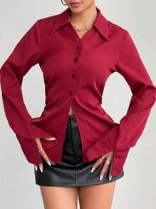 Flirla Women's Ruched Waist Fitted Casual Blouse, Minimalist & Fashionable Everyday Wear Women Shirt