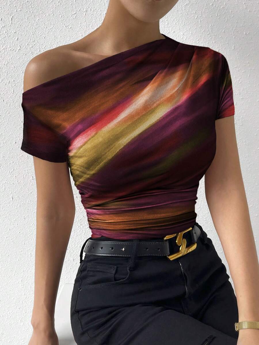 Chiquease 1pc Women's Fashion Tie-Dye Print Asymmetrical Ruched Detail T-Shirt Top Graphic Tees Women Tops