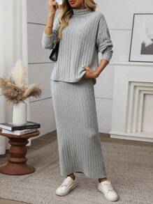 SHEIN LUNE Bộ 2 món/Bộ đồ nữ đi làm đơn giản màu trơn cổ lọ trễ vai tay dài áo phông và chân váy midi thường ngày, mùa thu - Xám - Xem 1