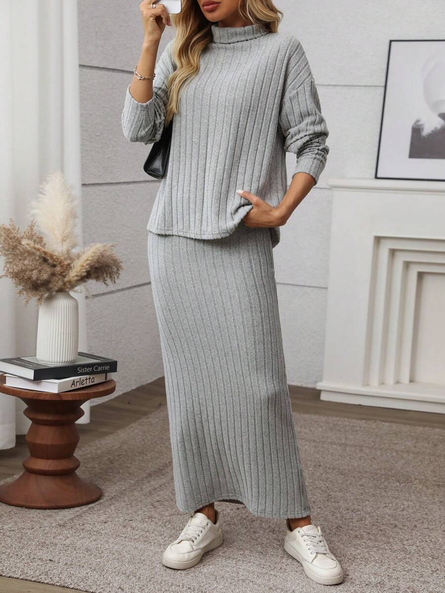 SHEIN LUNE Bộ 2 món/Bộ đồ nữ đi làm đơn giản màu trơn cổ lọ trễ vai tay dài áo phông và chân váy midi thường ngày, mùa thu - Xám - Xem 1