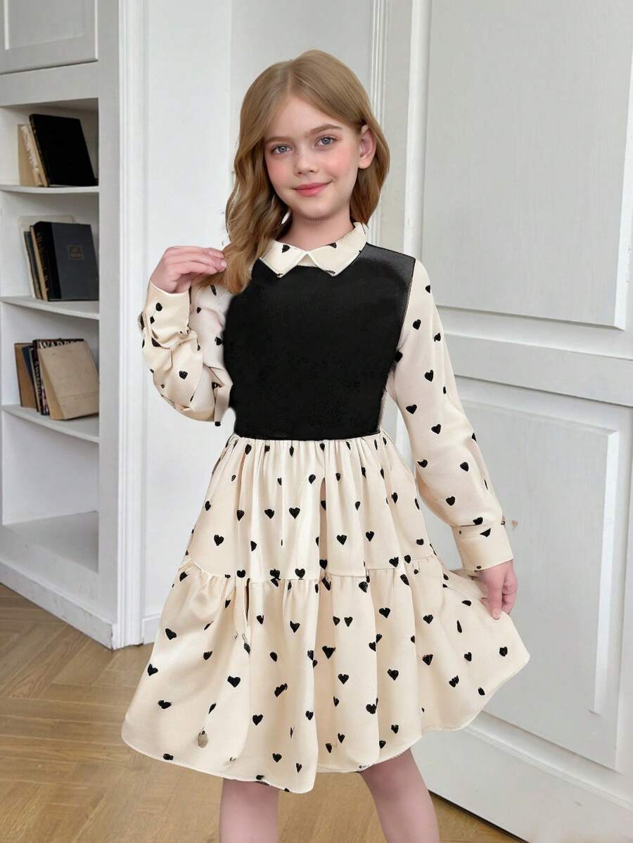 SHEIN Leap Crew Tween Girls Casual Comfy Mock-Neck Patchwork Long Sleeve 2 In 1 Dress - Apricot - View 1