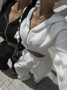 SHEIN Tween Girl 羊毛保暖纯白色和纯黑色休闲针织连帽衫夹克和运动裤 4 件套，返校，休闲校服，适合日常、上学、外出，秋冬季保暖 - 彩色 - 查看 16