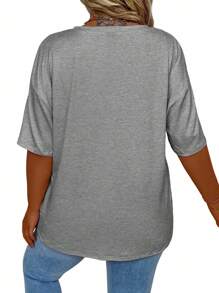 EMERY ROSE Plus Size Plain V-Neck Casual Versatile Short Sleeve T-Shirt - Light Grey - View 2