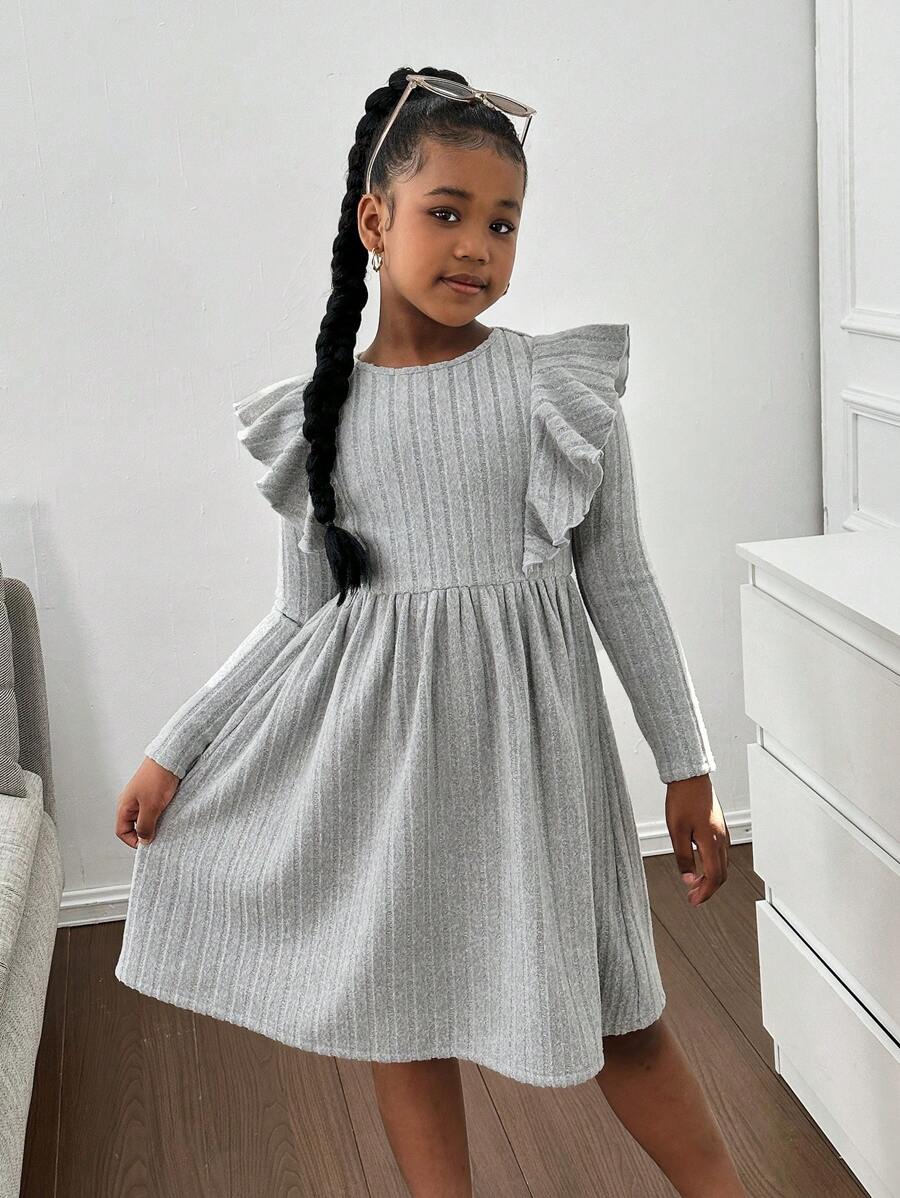 SHEIN Tween Girls' Loose Casual Minimalist Comfortable Round Neck Cap Sleeve Long Sleeve Dress - Grey - View 1