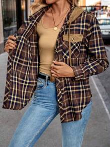 SHEIN LUNE Women's Retro Plaid Patchwork Suede Loose Hoodie Shirt, Casual Design With Long Sleeve For Spring Autumn
