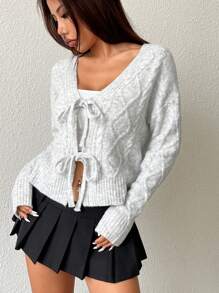 SHEIN Unity Women Solid Color Long Sleeve Front Tie Stylish Cardigan Sweater, Autumn/Winter - Grey - View 6
