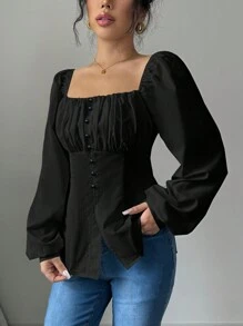 Calvaya New Style French Elegant Square Neck Ruched Cut-Out Blouse